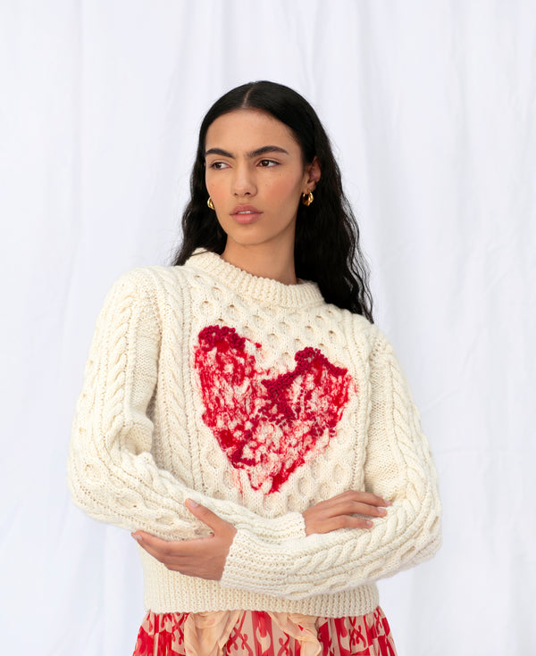 Heart Embroidery Aran Knit Sweater