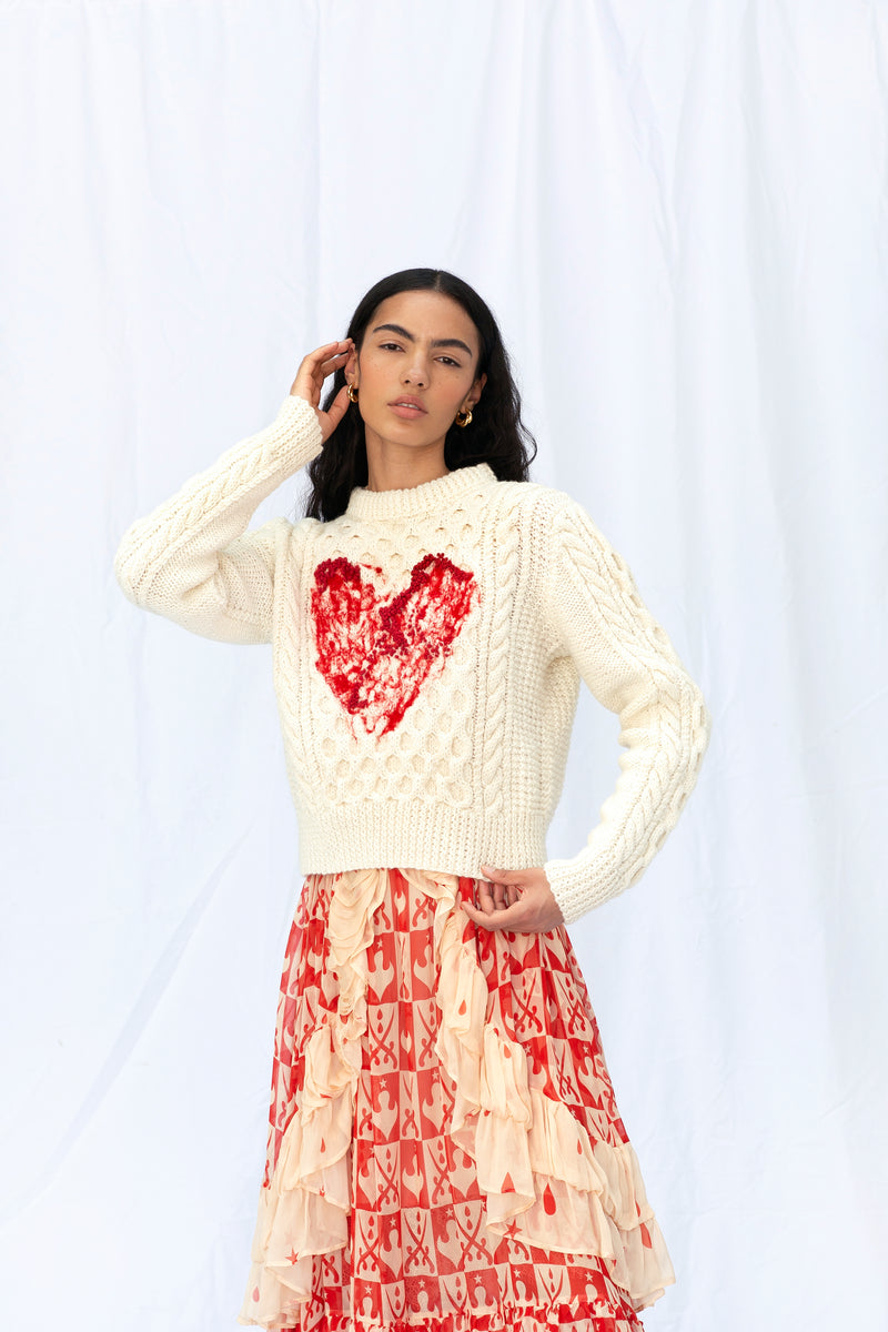 Heart Embroidery Aran Knit Sweater